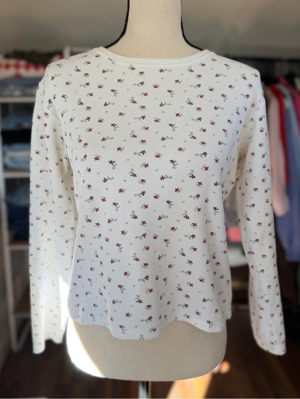 Cherokee White Floral Thermal Long Sleeve Tee with Red Accents